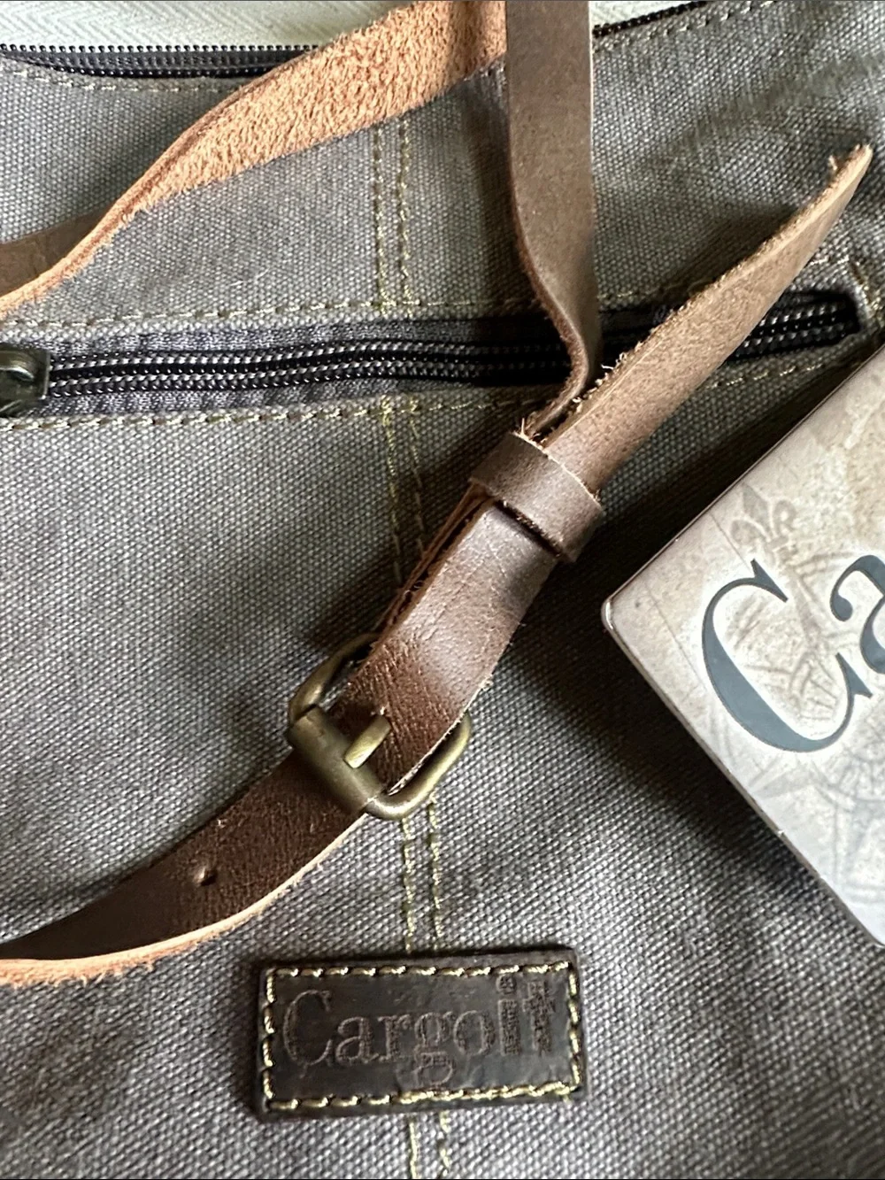 Gray Canvas Crossbody Bag with Tan Leather Strap